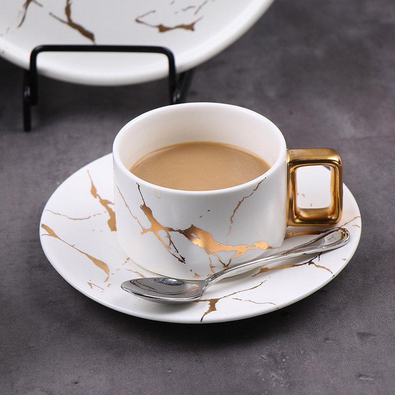ถ้วยกาแฟลายหินอ่อนถ้วยคาปูชิโน่พอร์ซเลนสีขาวสำหรับร้านกาแฟ
