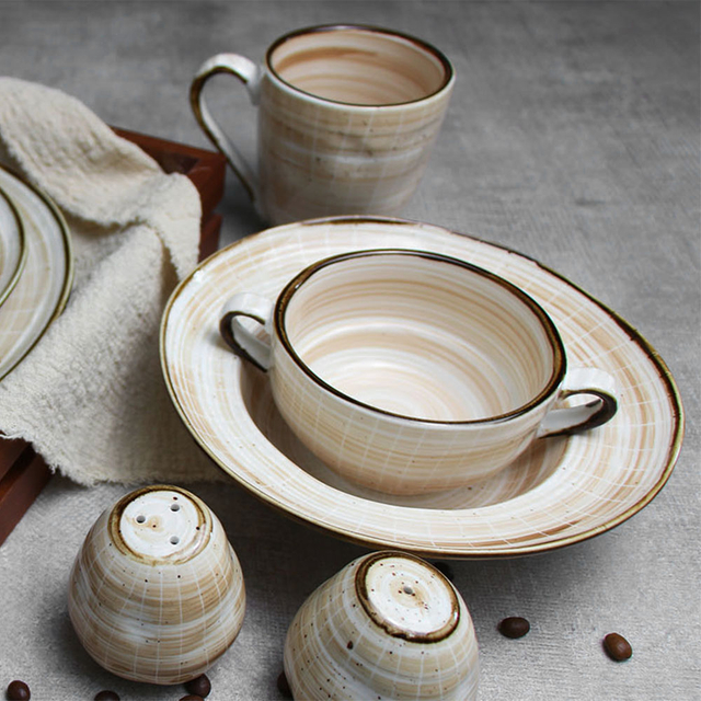 สีสัน Beige เซรามิคชามข้าวบนโต๊ะอาหาร Porcelain ชามซุป Simple ชามสลัดครัวเรือนร้านอาหารชุดอาหารเย็นที่ดีที่สุดของขวัญ