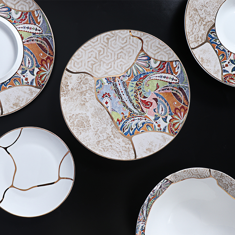 FURUI 8 Gold Rim Plate Bone China จานอาหารค่ำจานด้านข้าง