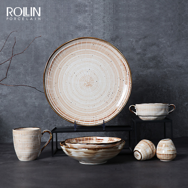 Foodies ครีม Beige Rustic ชุดอาหารเย็น Nordic จาน & แผ่นร้านอาหารจาน Retro ชุดอาหารค่ำ Platos Geschirr Porcelain ชุดจาน