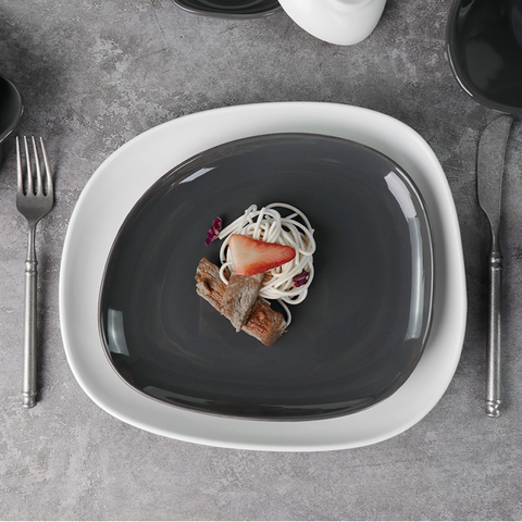 เครื่องลายคราม Eestaurant Terr Swirl Marks Grey Matte White Irregular Square Plate 