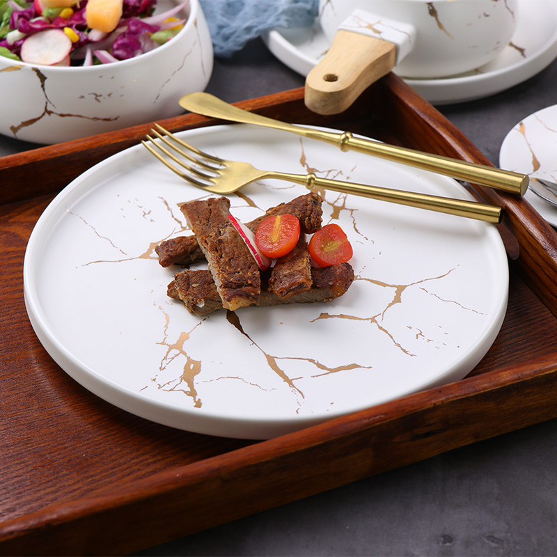 Modern Gilded Marbled รอบจานอาหารค่ำเซรามิคพาสต้าจานสเต็กโรงแรมร้านอาหารบนโต๊ะอาหาร Western จานเครื่องครัว