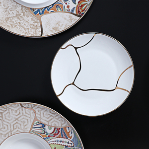 FURUI 8 Gold Rim Plate Bone China จานอาหารค่ำจานด้านข้าง
