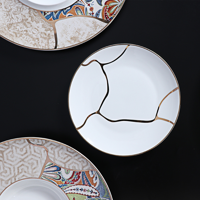 FURUI 8 Gold Rim Plate Bone China จานอาหารค่ำจานด้านข้าง