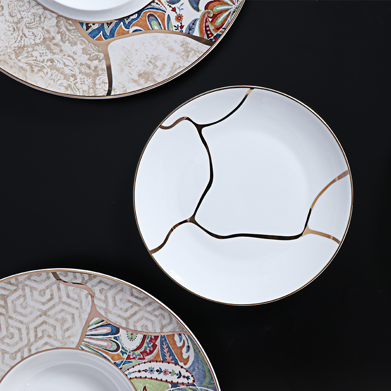 FURUI 8 Gold Rim Plate Bone China จานอาหารค่ำจานด้านข้าง