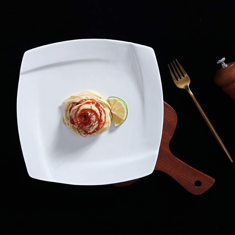 ร้านอาหารอาหารเย็นสีขาวจานเซรามิคสแควร์จานพับพอร์ซเลนสีขาว
