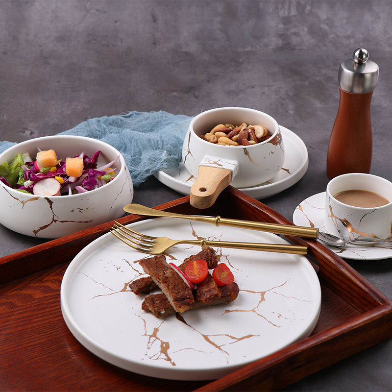 ร้านอาหารชุดอาหารเย็นชุดอาหารค่ำปาร์ตี้ Marbled ชุดอาหารเย็น Nordic Glazed จานอาหารค่ำและชุดชาม, เตาอบ/เครื่องล้างจานปลอดภัย 