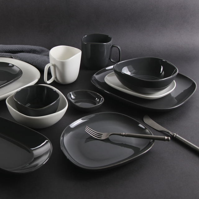 ROLLIN PORCELAIN 16 ชิ้นชุดอาหารค่ำสโตนแวร์ไม่สม่ำเสมอ - จานอาหารค่ำทรงสี่เหลี่ยมแบน, จานข้าง, ชาม, แก้วมัค 