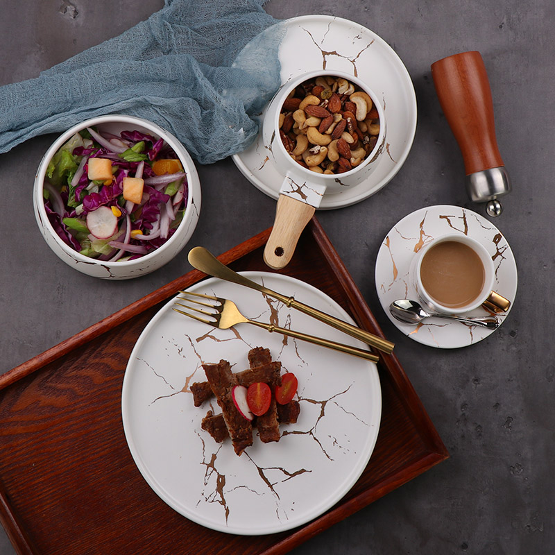 ร้านอาหารชุดอาหารเย็นชุดอาหารค่ำปาร์ตี้ Marbled ชุดอาหารเย็น Nordic Glazed จานอาหารค่ำและชุดชาม, เตาอบ/เครื่องล้างจานปลอดภัย 