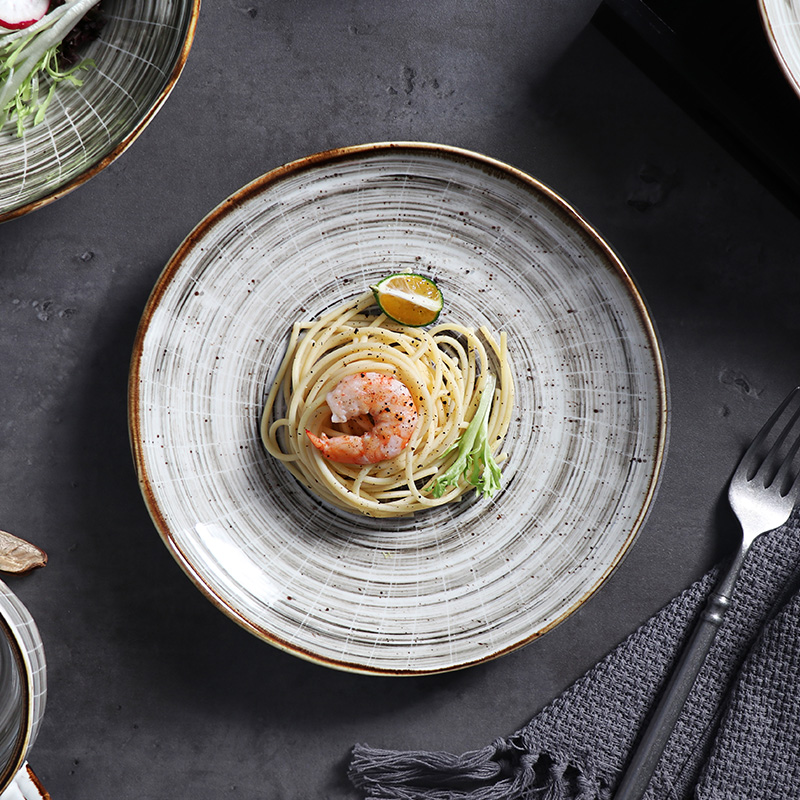 ร้านอาหารดูไบอาหารเย็น Teller Platos อาหารตะวันตกชุดจานพอร์ซเลนแบน Handmade Speckle แผ่นเซรามิคสีเทา
