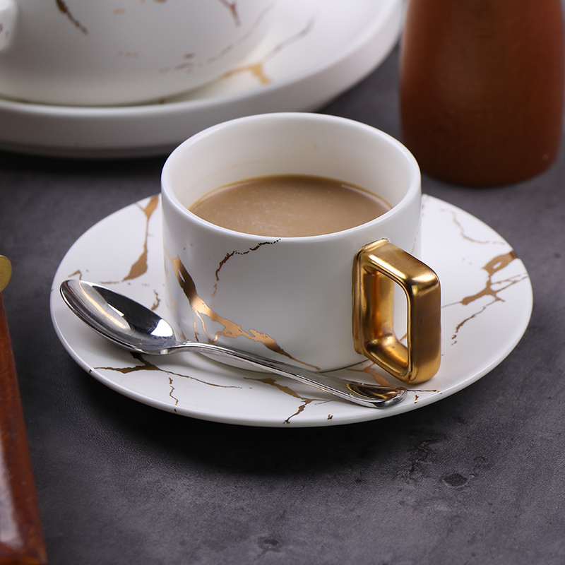 ถ้วยกาแฟลายหินอ่อนถ้วยคาปูชิโน่พอร์ซเลนสีขาวสำหรับร้านกาแฟ