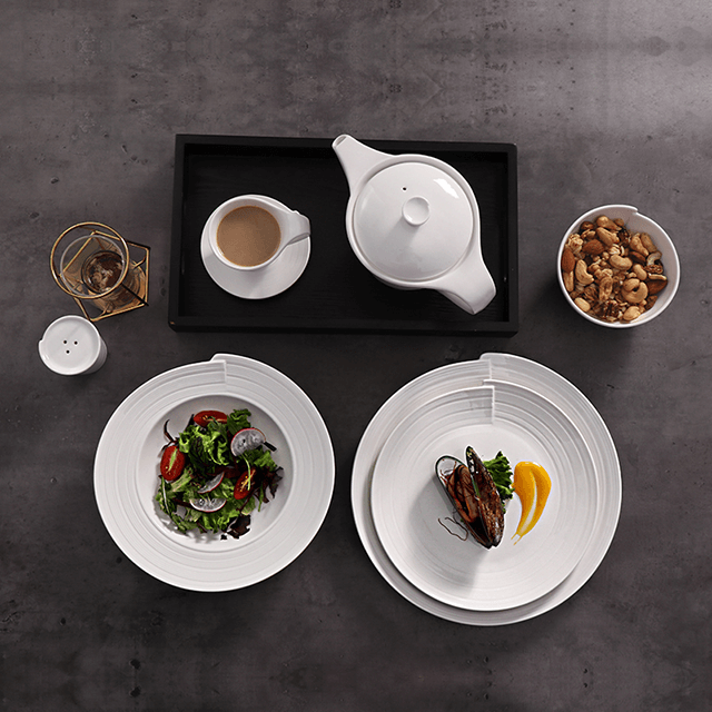 ครัวโรงแรมถ้วยชามชุดอาหารเย็นและจานไวท์เวฟ