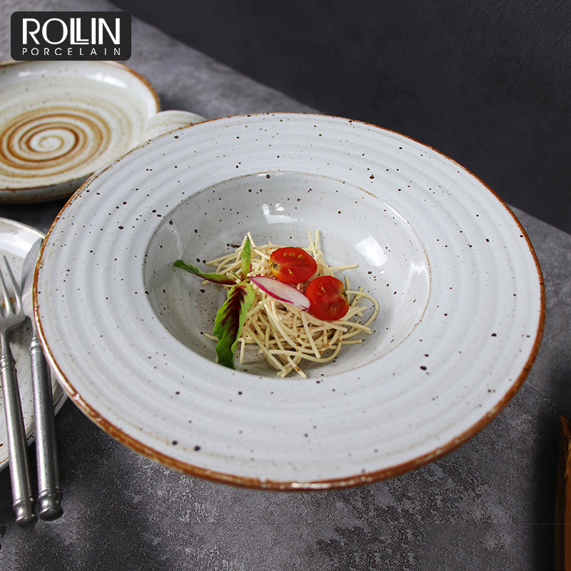 จานชามซุป 420 มล. จานพาสต้าสโตนแวร์แบบชนบทจานพาสต้าจานอาหารค่ำสำหรับร้านอาหาร 