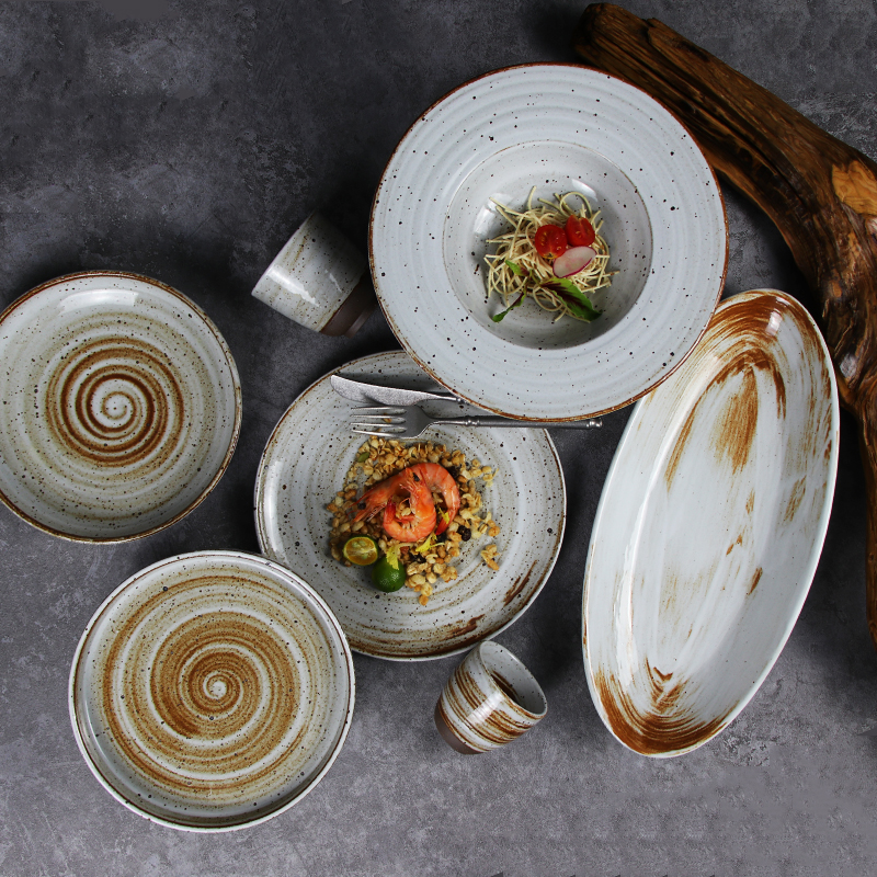 จานชามซุป 420 มล. จานพาสต้าสโตนแวร์แบบชนบทจานพาสต้าจานอาหารค่ำสำหรับร้านอาหาร 