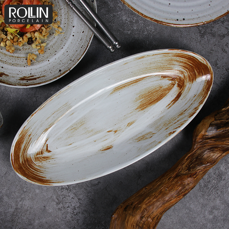 จานสั่งทำพิเศษ Porcelain Dinnerware Ceramic Dinner Dishes Plates Ceramic Oval Plates Restaurant